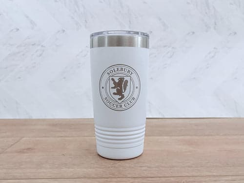 White tumbler with the Solebury Soccer Club crest